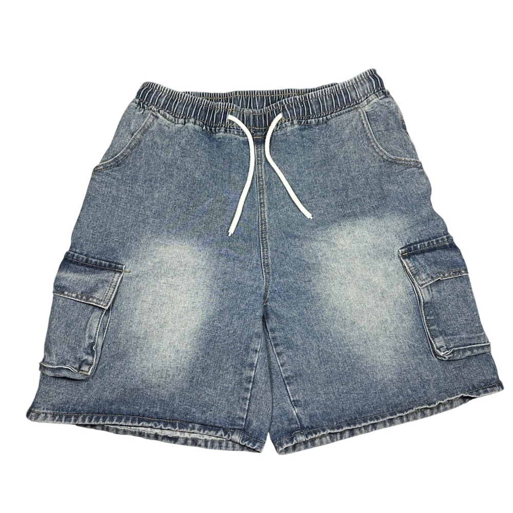 Faded Mens Cargo Baggy Denim Shorts Medium Wash Elastic Waist Drawstring Size M